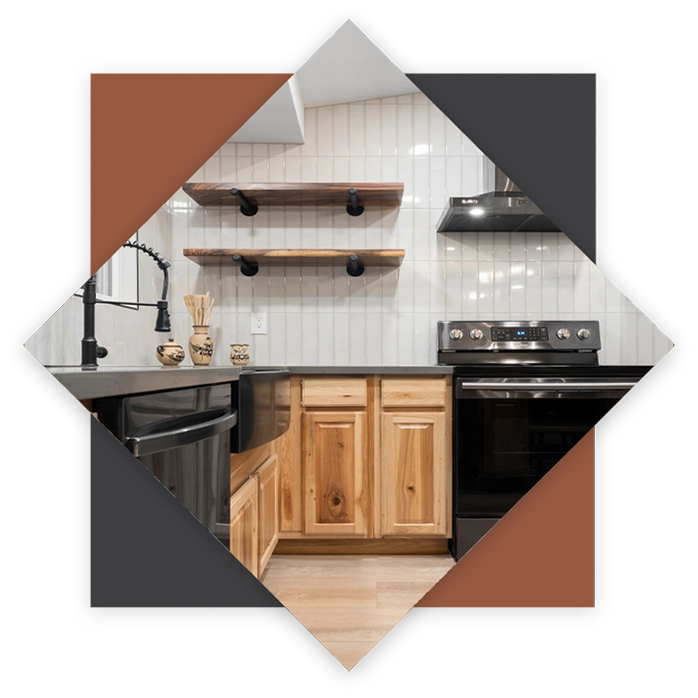 VL Tile Rustic Kitchen Remodel with wooden cabinets and white subway tiles